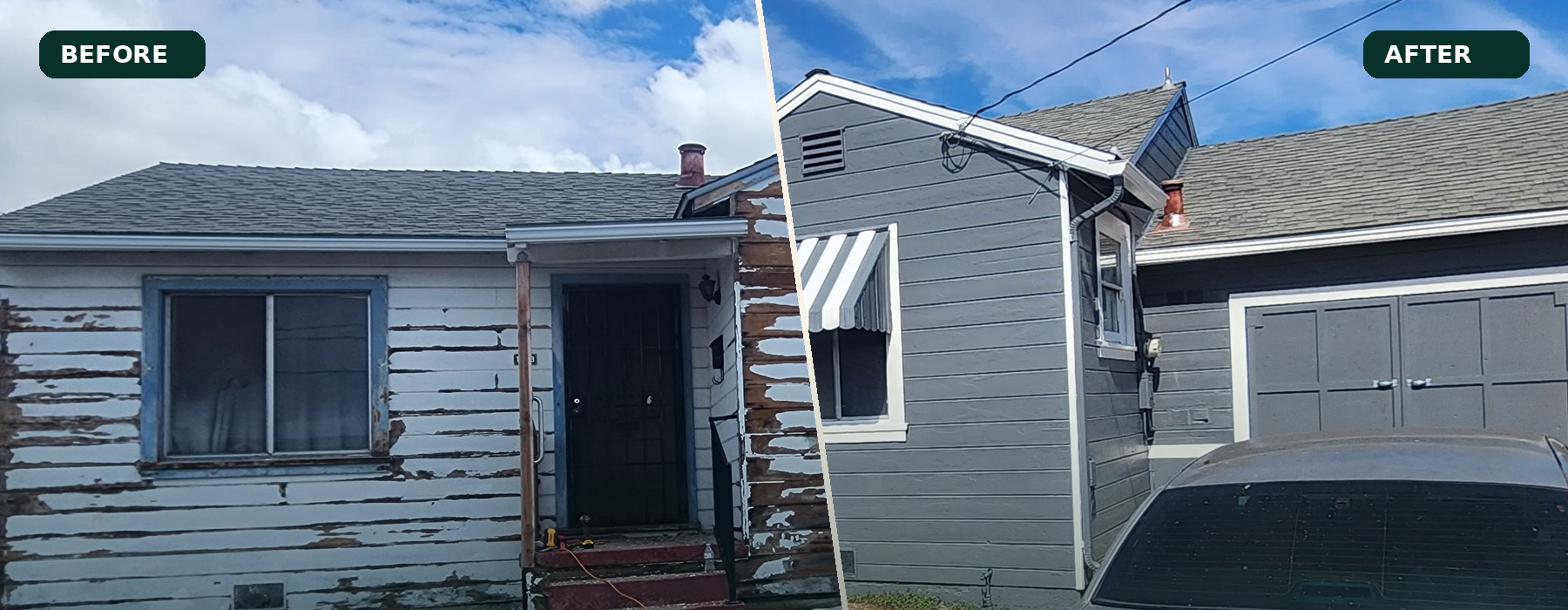 Before and after residential exterior painting transformation by Rick's Painting & Wallcovering